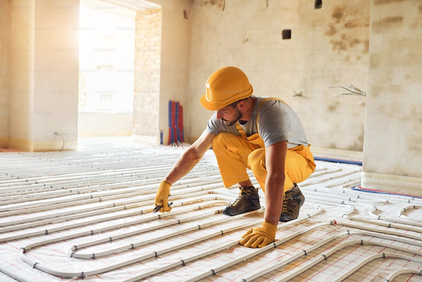 PEX radiant heating tubing laid on insulation before a concrete slab pour in Idaho