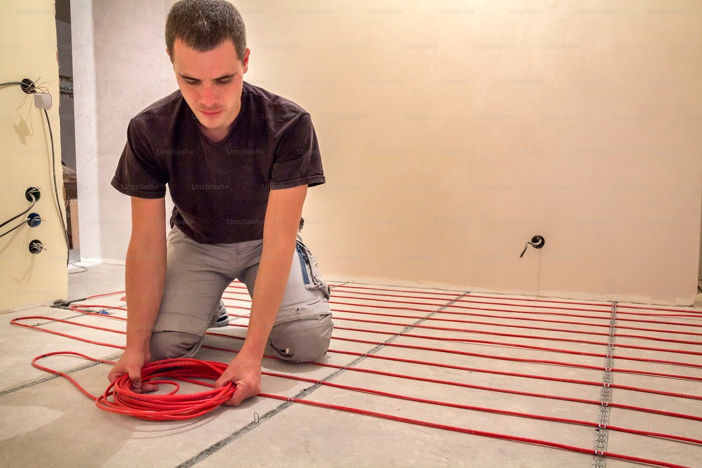 Radiant heating manifold with zone actuators serving floor loops in an Eagle, Idaho home