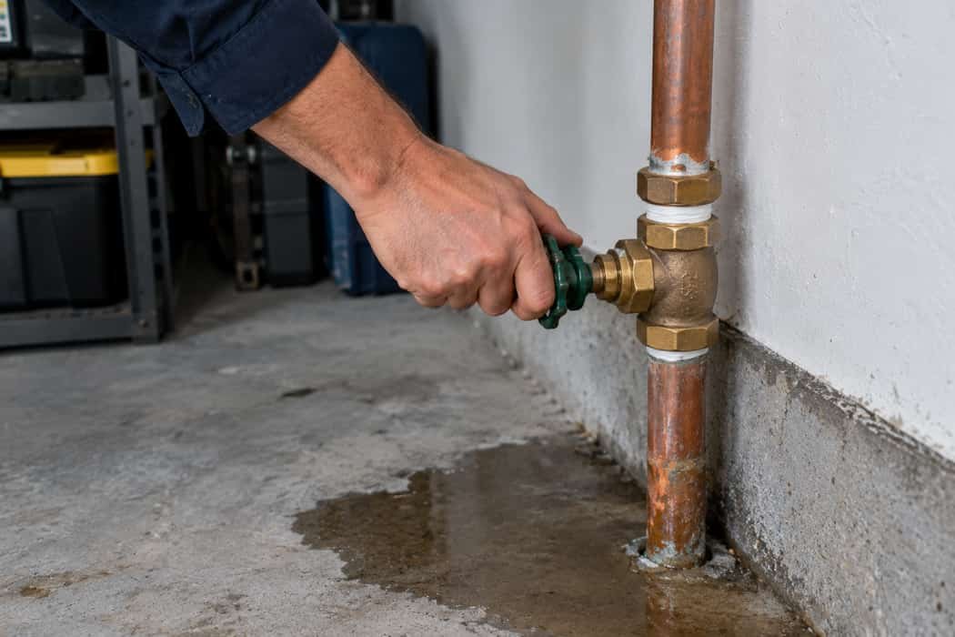 Emergency plumber in Meridian, Idaho shutting off the main water valve during a burst pipe