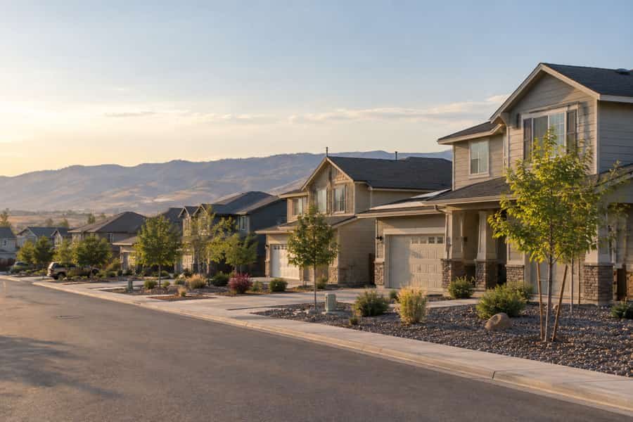 Street of similar post-2000 homes in Meridian, Idaho built for the high-desert Treasure Valley