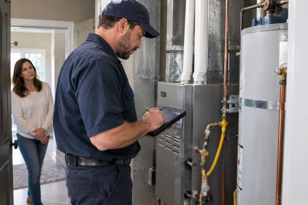 Technician documenting findings and pricing before starting work at a Meridian, Idaho home