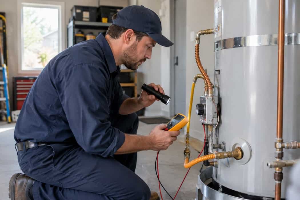 Licensed plumber diagnosing a gas water heater with a multimeter at a Meridian, Idaho home